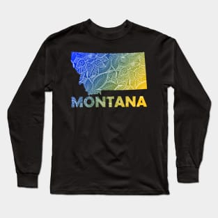 Colorful mandala art map of Montana with text in blue and yellow Long Sleeve T-Shirt